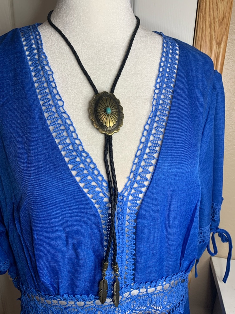 WESTERN Black Bolo Tie with Gold and Turquoise Accents Feather Aiguillettes